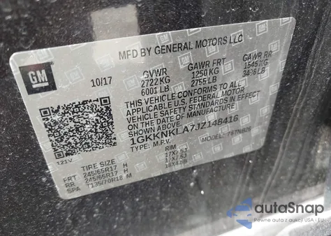 2018 GMC Acadia Sle-1 z USA, uszkodzony, nr VIN 1GKKNKLA7JZ148416